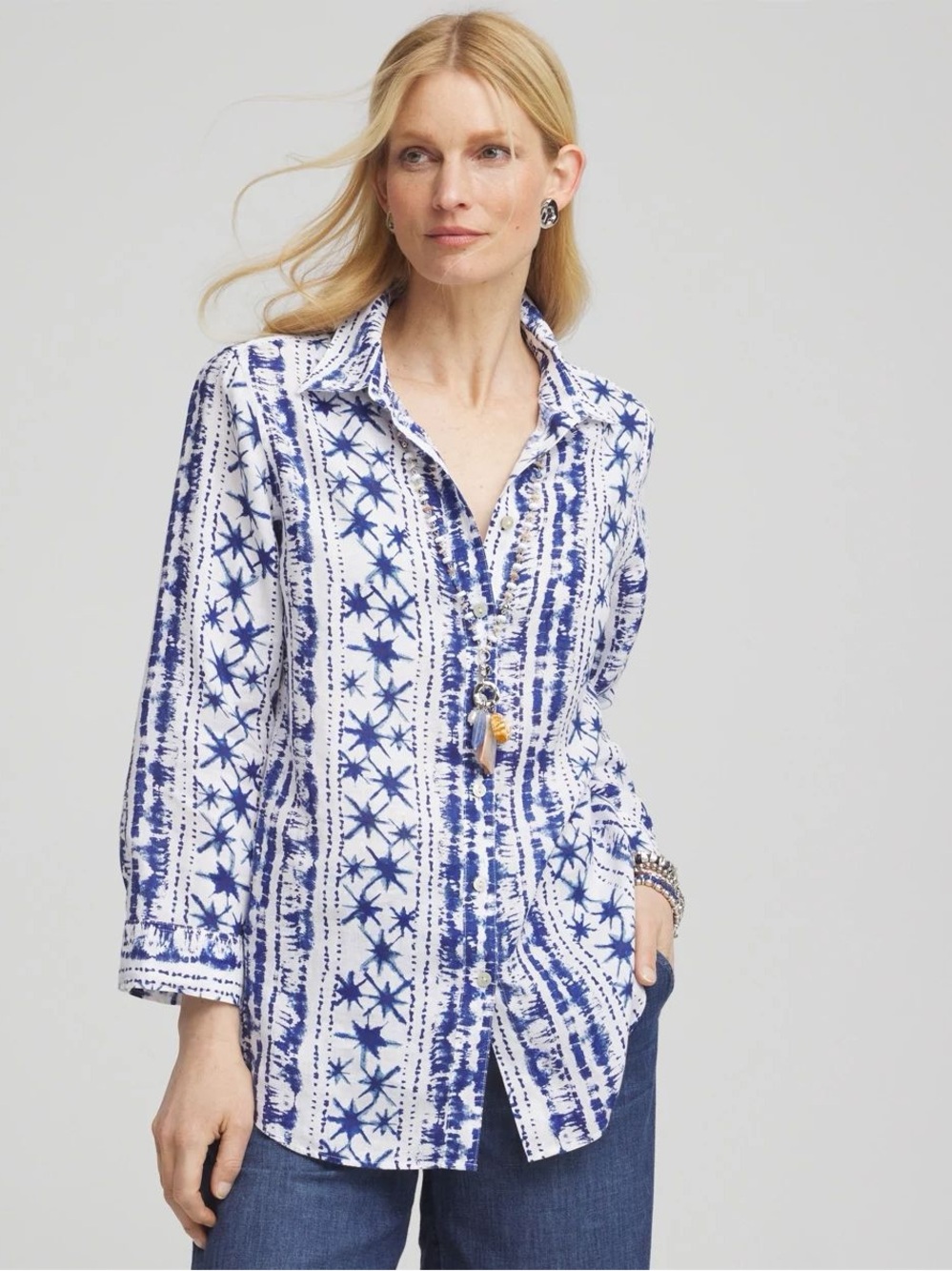Chico's Start Print 100% Linen Abstract Print Button Down Shirt Size 2 | 12